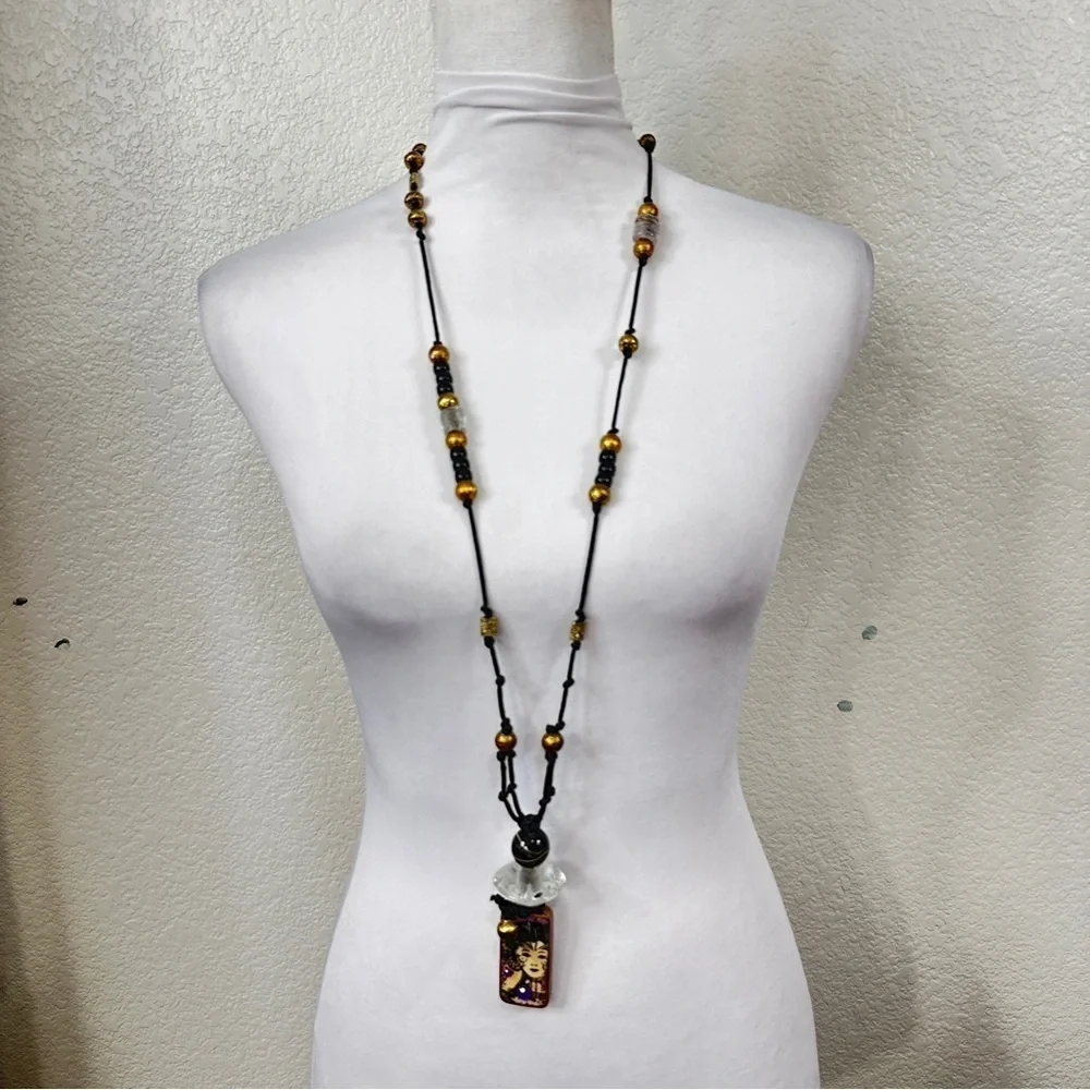 Upcycled Asian Japanese Domino Black Gold Artisan Resin Beaded Necklace